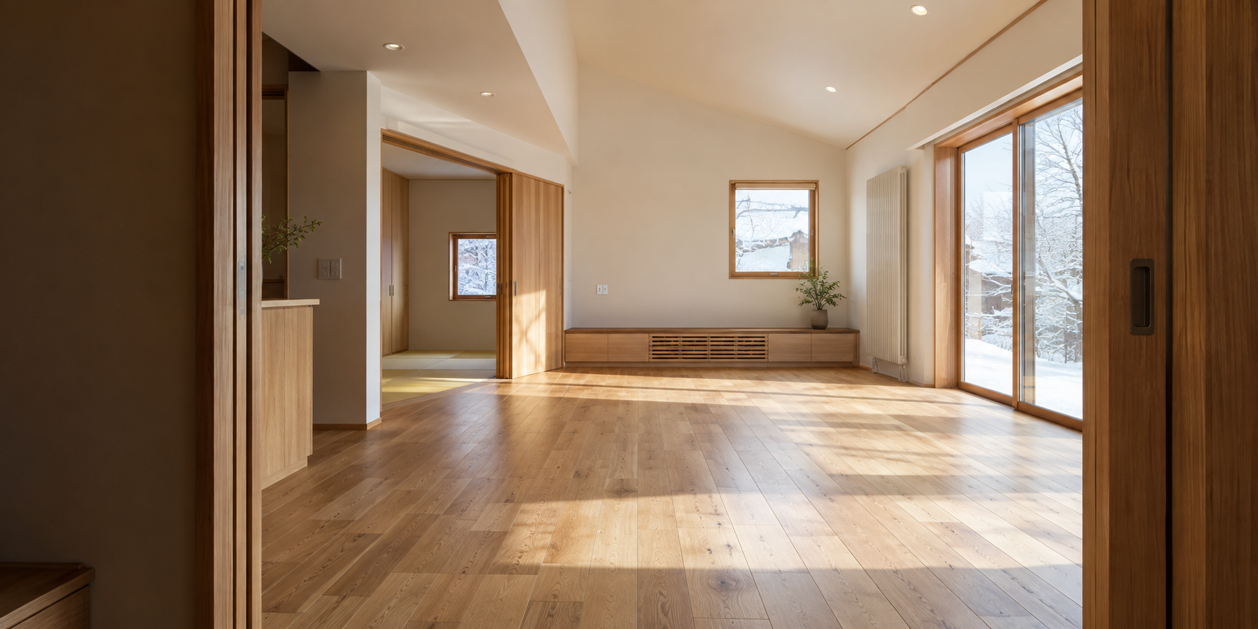 明るい木目の床と建具がある室内